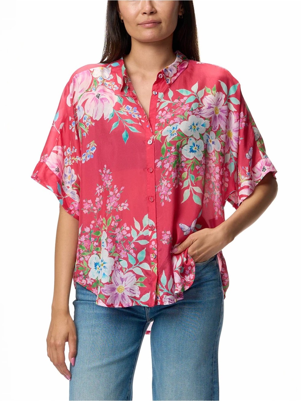 Johnny Was Lynn 100% Silk Floral Button Up Blouse Pink XL Emelda Print